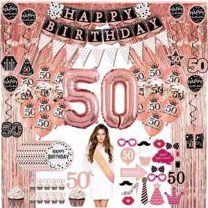LETNERNY-50 Ans Femme Décoration Fête Anniversaire -(76 Pack) Bannières Rose, Fanions, Guirlandes, Ballons, Rideaux,Cupcake,Accessoires Photo - Neuf