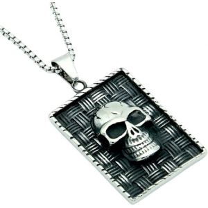Kal-Collier Tête De Mort Pour Hommes, Collier Gothique Avec Étiquette Tête De Mort, Collier Pendentif Tête De Mort Viking Avec Chaîne De 23,6 Po, Collier De Crâne De Démon D'halloween Hip Hop - Neuf