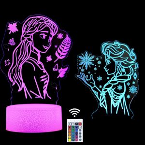 Princesse Elsa Lampe-3d Led Acrylic Veilleuse 16 Couleurs Touchez T&eacute;l&eacute;commande,Luminaires D&eacute;coratifs Pour Chambres D'enfants, Cadeaux D'anniversaire Et De No&euml;l - Neuf