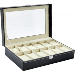 Kal-Boîte À Montres À 12 Emplacements, Coffret À Montres Avec Couvercle En Verre Et Coussins Amovibles En Velours, Boite A Montre Homme, Cadeau Pour Anniversaire Fête Des Pères Noël - Neuf
