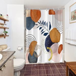KAL-Rideau Douche Abstrait, Rideau De Douche Anti Moisissure 150X200Cm Terracotta Géométrique Feuilles Bleu Rideaux De Baignoire Tissu Lavable Imperméable Rideaux Salle De Bain Avec 10 Crochets - Neuf