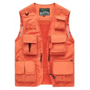 Hommes Orange De Loisirs De Plein Air Safari De Pêche De Voyage Cargo Gilet Veste Photo De Maille Gilet Multi Poches - Neuf