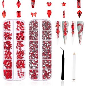 Lbgwp60-3120pcs Strass Ongles Nail Art,120 Strass Multiformes Et 3000 Strass Ronds Kit Strass Nail Art Cristal Strass Gems Avec Pince &Agrave; &Eacute;piler Et Dotting Pen Pour La D&eacute;coration Des Ongles(Rouge) - Neuf