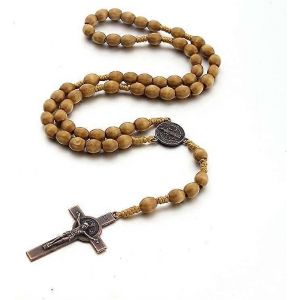 Croix Catholique Collier Rosaire, Croix De Perles De Prière En Bois Naturel - Neuf
