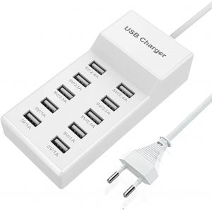 Charguer USB Multiple,50W Station de Charge USB,10-Port USB Adaptateu Secteur,Alimentation USB,Hub USB,Prise USB Compatible avec iPhone 12/13/14/15/Samsung S23/S22/Z Flod/Z Flip/iPad/Xiaomi/Oppo - Neuf