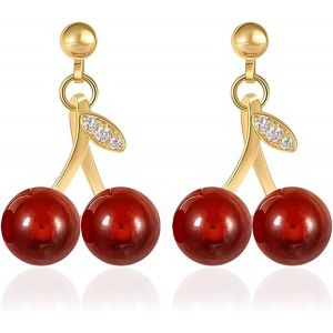 Kal-Boucles D'oreilles Pendantes Or Cerises Pour Femme Cristal Rouge Or Femme Petite Plaqué Or Boucles D'oreilles Fruits Stéréo Boucles D'oreilles Femme Et Fille - Neuf
