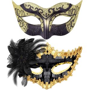 2 Pièces Couple Masque Vénitien Masque De Mascarade Vénitien Masque Mascarade Bal Masqué Pour Femme Homme Les Yeux Pour Halloween Mascarade Carnaval,Noir & Or.[J17] - Neuf