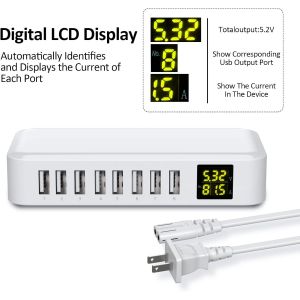 Slitinto Station De Charge Usb 8-Ports Avec Écran Lcd - Chargeur Multiple Pour Iphone 14/13/12/11,Galaxy S23/S22/S21,Ipad,Casque,Tablette - Blanc - Neuf