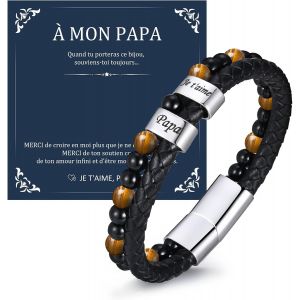 Cadeau Homme Bracelet Pour Papa : Gravure ""Papa Je T'aime"", Bracelets En Cuir Pour Homme Personnalisé Cuir Tressé, Bracelet Perles Bijoux Cadeaux Anniversaire Saint-Valentin Noël Fête Des Pères Noir - Neuf