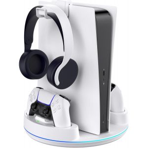 Support Vertical pour PS5/PS5 Slim/PS 5 Pro - Station de Chargement pour Manette avec lumi&egrave;re RVB pour PlayStation 5, Blanc - Neuf