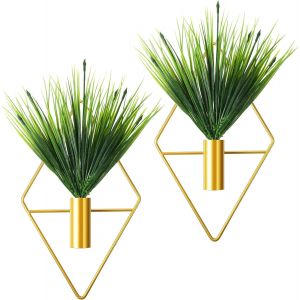 ERYI-2 Pièces Jardinières Suspendues En Métal Vase Mural Géométrique Avec Plante Artificielle Porte-Plante Suspendu Moderne Pot À Suspendre Géométrique Pour Décoration (Or, Plante Aquatique) - Neuf