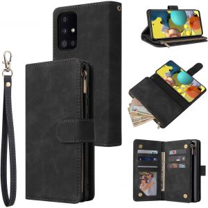 Kal-Samsung Galaxy A51 4g Premium Vintage Pu Leather Handbag Zipper Pocket Case Kickstand Card Slots With Wrist Strap - Neuf