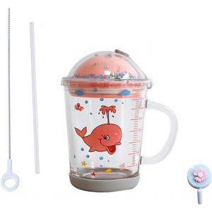 Sjzg-Gobelet En Paille Avec Couvercle, Couvercle De Fond Antid&eacute;rapant Et Paille En Silicone, Pour Le Th&eacute; Au Jus De Lait, Pour Micro-Ondes (Baleine Rose, Verre, 400 Ml) - Neuf