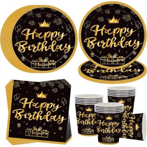 Kalanka-Vaisselle De Fête Noire Et Dorée Pour 16 Invités - Assiettes En Carton - Décoration D'anniversaire - Pour Hommes, Femmes Et Enfants - Neuf