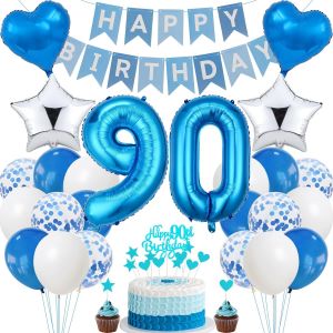 90e Anniversaire Décoration Bleu Gâteau Anniversaire 90 Ans Hommes Décoration De Fête Argent 90 Ans Femmes Hommes 90 Ans Décoration De Gâteau 90 Ans Homme Femme Décoration D'anniversaire 90 Ans Homme - Neuf