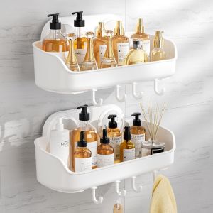 Étagère Douche sans Perçage Ventouse avec Crochets pour Salle de Bain Serviteur de Douche Cusine Amovible Panier de Rangement Mural Plastique pour Shampooing Gel Douche-Blanc - Neuf