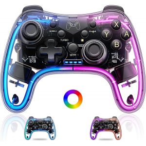 Manette Switch sans Fil,Contr&ocirc;leur sans Fil Transparent pour Switch/Switch Lite/Switch OLED/iOS/Android/Windows Wireless Pro Controller avec RGB/Fonction de R&eacute;veil/Turbo R&eacute;glable et Vibration - Neuf