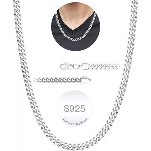 Tianyi-S925 Cha&icirc;ne Cubaine Argent Sterling 3 Mm/5 Mm D'&eacute;paisseur Pour Homme Cha&icirc;ne Or Argent&eacute; Pour Hommes Robuste Collier Cha&icirc;ne Gourmette Hypoallerg&eacute;nique Bijoux Pour Homme 18/20/22/24 Pouces - Neuf