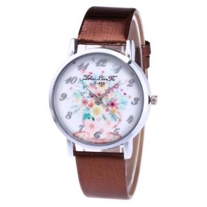 Zhoulianfa Simple Design Num&eacute;ro Fleur Motif Grand Cadran Pu Bracelet En Cuir Casual Montre (Marron) - Neuf