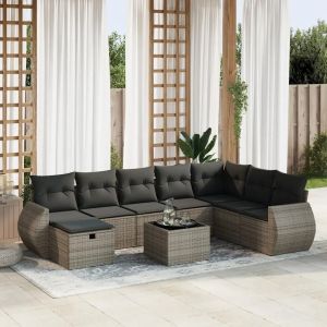 Salon De Jardin 9 Pcs Avec Coussins Gris Résine Tressée - Neuf