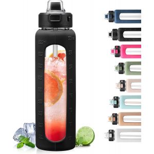 900ml Bouteille D'eau En Verre Avec Poignée Et Paille Bouteille D'hydratation Avec Manchon En Silicone Et Marquage Du Temps Gourde De Motivation Pour Gym Sport Extérieur Anti-Fuite,Noir - Neuf