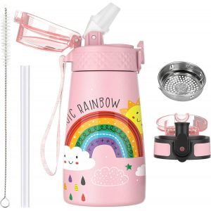 Mevronisshop-350ml/12oz Bouteille D'eau En Acier Inoxydable Pour Enfants Avec Paille Avec 2 Couvercles Différents Métal Isotherme Petite Fiole Pour L'école Garçons Filles Boissons Chaudes Froides San - Neuf