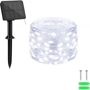Guirlande lumineuse solaire, 10 m, 100 LED, fil de cuivre, 8 modes, minuterie, protection IP65, pour sapin de Noël, jardin, chambre, balcon, décoration intérieure/extérieure, blanc froid - Neuf