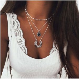 Asas-Collier Ras Du Cou Boho Fleur De Lotus Vintage Collier Pierres Noires Rondes Collier Pendentif Pierres Noires Collier Fleur Creuse Ethnique Collier Lotus Argent Collier Yoga Bijoux Pour - Neuf