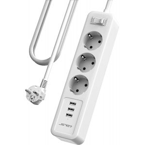 Multiprise USB 3M,Bloc Multiprise 3 Prises avec 3 Ports USB Chargeur Prise Multi 3680W 16A Bloc Multiprise avec Interrupteur Cable 3m pour Maison, Bureau-Blanc - Neuf