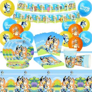 MEVRONISSHOP-Bluey Anniversaire Vaisselle, 60 Pi&egrave;ces Bluey Decoration Anniversaire Kit, Vaisselle de F&ecirc;te Bluey Comprend Bluey Ballons, Banni&egrave;res, Assiettes, Gobelets en Papier, Serviettes, Nappes - Neuf