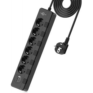 Electric Power Strip (4000W/16A), Power Strip Surge Arrester 500J With Individual Switches With 4 Sockets And 3 Usb Ports (2.4A), Usb Power Strip With 2 M Cord For Home Office (6Ac Ferrous) - Neuf