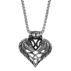 Kal-Collier Homme Double Tête De Loup Pendentif Dominateur En Forme De Coeur En Acier Inoxydable,Fantaisie Bijoux Noeud Celtique Irlandais Avec Chaîne De 56cm Pour Homme Et Garçon(Argent Noir) - Neuf