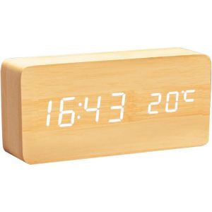 Horloge numérique en bois - Réveil LED multifonction avec affichage de l'heure, de la date et de la température et commande vocale pour la maison et les voyages (jaune_blanc) - Neuf