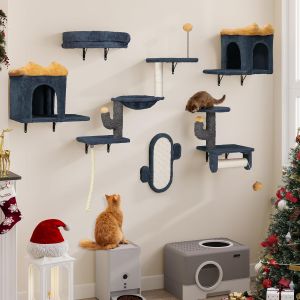 Lot De 8 Murs D'escalade Pour Chat, Dispositif D'escalade En Peluche Stable Pour Chats, Arbre À Chat Mural Avec Griffoirs, Maison, Pont, Escaliers Pour Chat Et Boule Suspendue, Gris Clair - Neuf