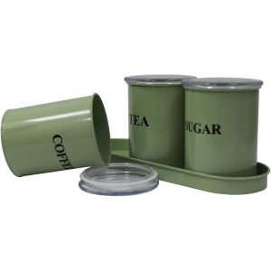 Sjzg-Lot De 3 Bo&icirc;tes De Conservation De Cuisine En M&eacute;tal - Bo&icirc;te &Agrave; Caf&eacute; Herm&eacute;tique, Bo&icirc;te &Agrave; Th&eacute;, Sucrier Avec Couvercle - Bo&icirc;tes De Rangement Vert Arm&eacute;e Avec Plateau, Design R&eacute;tro Vintage Pour - Neuf
