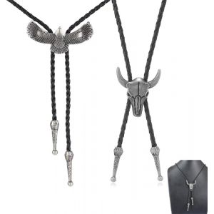 Meimie-2 Pcs Cravate En Cuir Avec Crâne De Vache Accessoire De Costume D'halloween Pour Homme Collier Bolo Réglable Style Rodéo Occidental Couleur Cuivre Longueur 39 Pouces - Neuf