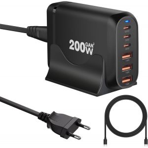 200W Chargeur Usb C Multiple, 6 Ports Gan &iquest; Chargeur Rapide, Station De Charge Usb C De Bureau, Pd+Qc Compatible Avec Iphone Ipad Samsung Macbook Ordinateur Portable, Noir Avec C&acirc;b[CHA8221535] - Neuf