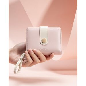 CAUC-Portefeuille fin en cuir &agrave; deux volets pour femme - Petit sac &agrave; main compact pour cartes de cr&eacute;dit avec fen&ecirc;tre pour carte d'identit&eacute;, poche zipp&eacute;e pour pi&egrave;ces de monnaie et cordon, rose, - Neuf