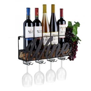 Casier À Vin Mural En Fer Forgé, Porte-Gobelet En Fer Forgé Casier À Vin Mural En Fer Forgé, Casier À Vin Avec 4 Supports 42*11*19cm - Neuf