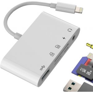 THEF-Adaptateur Lightning Vers USB Lecteur Carte SD(5 en 1)OTG 3.0 Micro SD Card Reader Prise AUX Ecouteur 3.5mm Pour IPhone 14 Pro Max Casque Chargeur Splitter Pour Apple TF Mémoire Flash Caméra Pou - Neuf