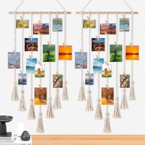 Pr&eacute;sentoir Photo A Suspendre,2Pcs 40*65Cm Cadre Photo Mural Macram&eacute; Avec 30 Clips,4 Crochets Non-Traces,Porte Photo Mural,Suspendu Photo Affichage Macram&eacute; Pour D&eacute;coration Int&eacute;rieure,Chambre A Coucher - Neuf