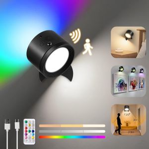 Appliques Murales Interieures Sans Fil Rechargeable, Lampe Murale Led Sans Fil À Détecteur De Mouvement Avec Télécommande, 3 Couleurs Réglables Et 10 Rvb, 360°Rotatif, Pour Salon, Chambre - Neuf