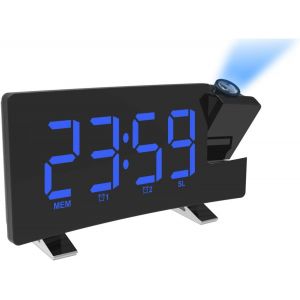 CHECARZHN--NO1-Réveil À Projection Pour Chambre À Coucher Radio-Réveil Numérique Au Plafond Avec Double Réveil 4 Gradateurs Grand Écran Led Rotatif À 180 ° - Coque Noire Mot Bleu - Neuf