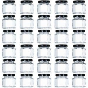 Cmws-- Lot De 30 Mini Bocaux Hexagonaux En Verre Avec Couvercles Et Étiquettes Revêtus De Plastisol Noir (44,3 Ml) - Neuf