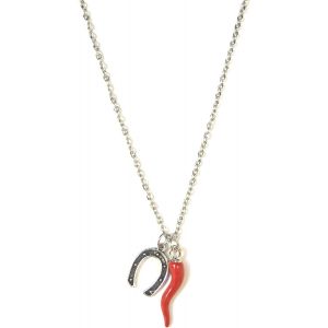 Collier Femme En Acier Avec Corne Porte-Bonheur Et Pendule Cheval Travaill&eacute; &Agrave; La Main Fabriqu&eacute; En Italie, Acier Inoxydable - Neuf