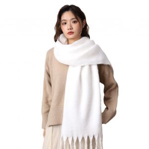 Écharpe Longue Pour Femmes, Couleur Unie, Ourlet À Pampilles, Style Français, Tissu Imitation Mohair Doux, Châle D'hiver-Blanc - Neuf