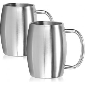 Chope À Bière Xl En Acier Inoxydable - 400 Ml - Tasse De Camping À Double Paroi Sans Bpa (2 Pièces Couleur Argent - Mat) - Neuf