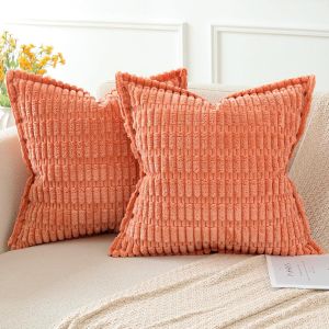 Cauc-Lot De 2 Housses De Coussin En Velours Côtelé Rayé Boho Canapé Taie D'oreiller En Velours Douce Pour Maison Salon Chambre Decorative Corail 60 X 60 Cm - Neuf