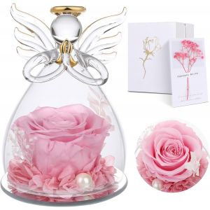 Trahoo-Rose Eternelle Sous Cloche Ange Pour Femmes - Fleurs Préservée Véritable Anges Gardiens, Cadeau D'anniversaire Pour Maman Grand-Mère, Cadeau Mamie, Ange Décoration - Neuf