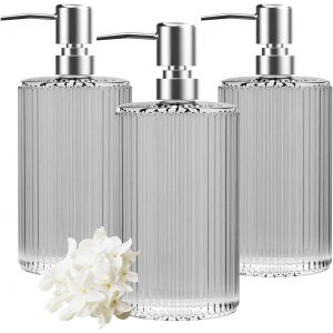 KAL-3P-Clear Lot De 3 Distributeurs De Savon En Verre De 500 Ml Avec Pompe Pour Salle De Bain, Comptoir, Cuisine, Buanderie (Transparent), 17Oz, Claire - Neuf